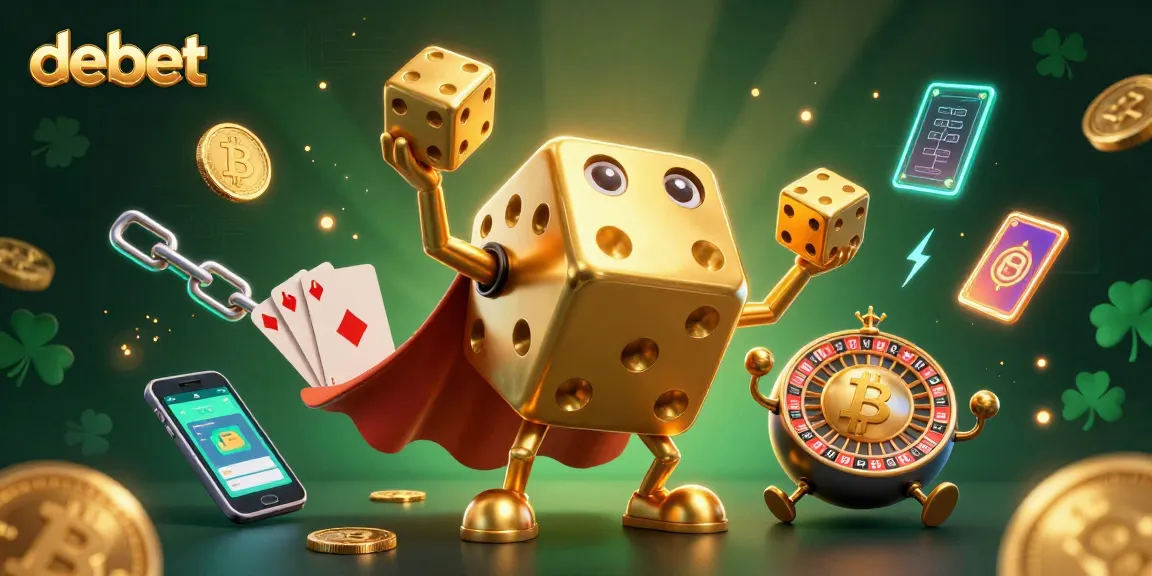 Engage with debet's vibrant casino world featuring golden dice characters and crypto elements.