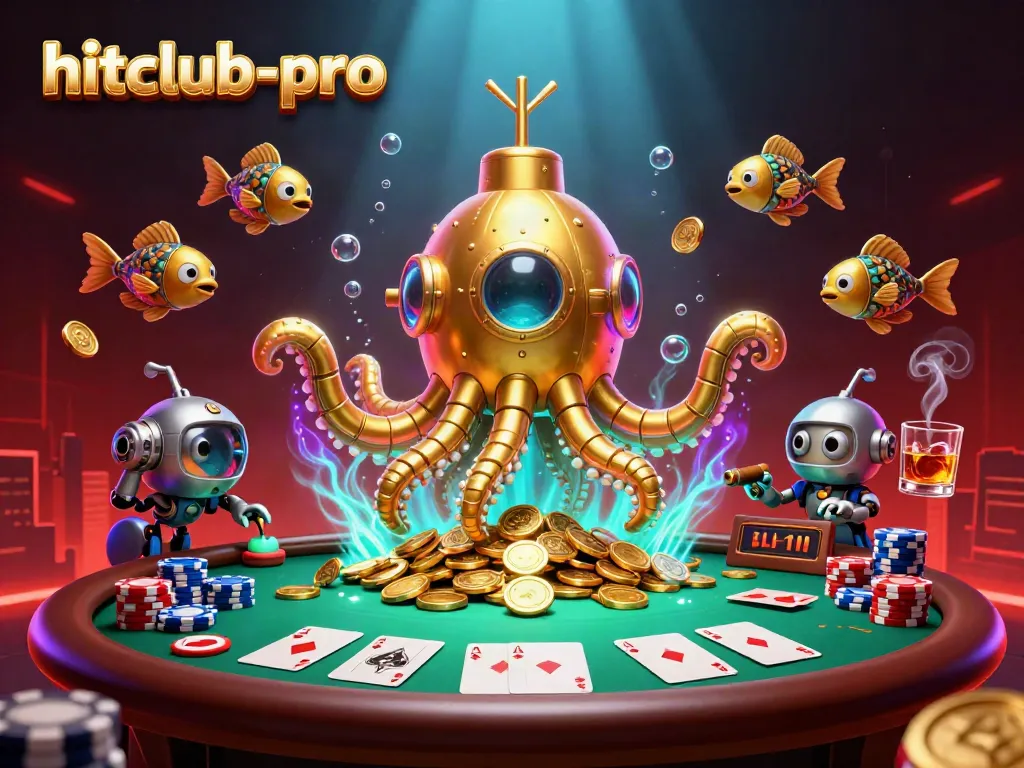 Engage with the luxury of hitclub-pro, featuring a kraken submarine amidst golden coins in a vibrant casino scene.
