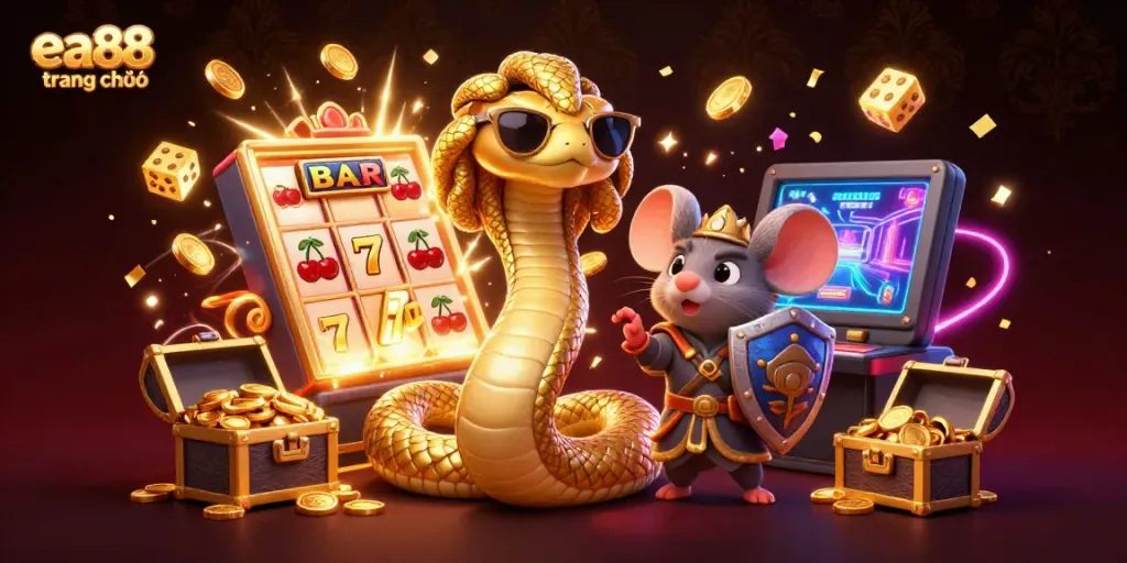 Engage in winning slots with the vibrant 3D scene of ea88 trang chủ featuring Medusa and a warrior mouse.