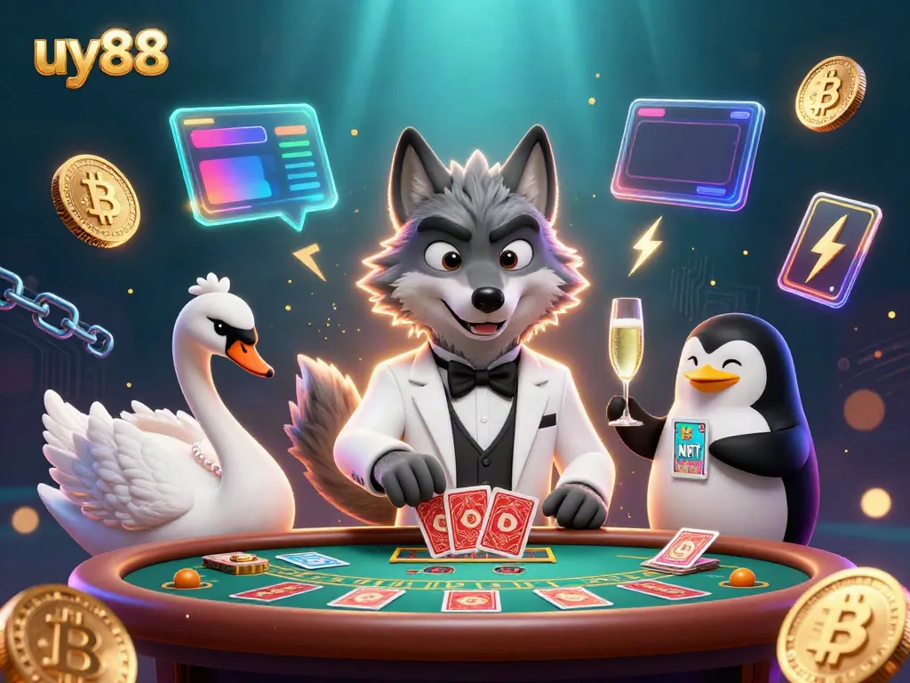 Experience high-stakes baccarat action at uy88 with a debonair wolf, elegant swan, and penguin sommelier.