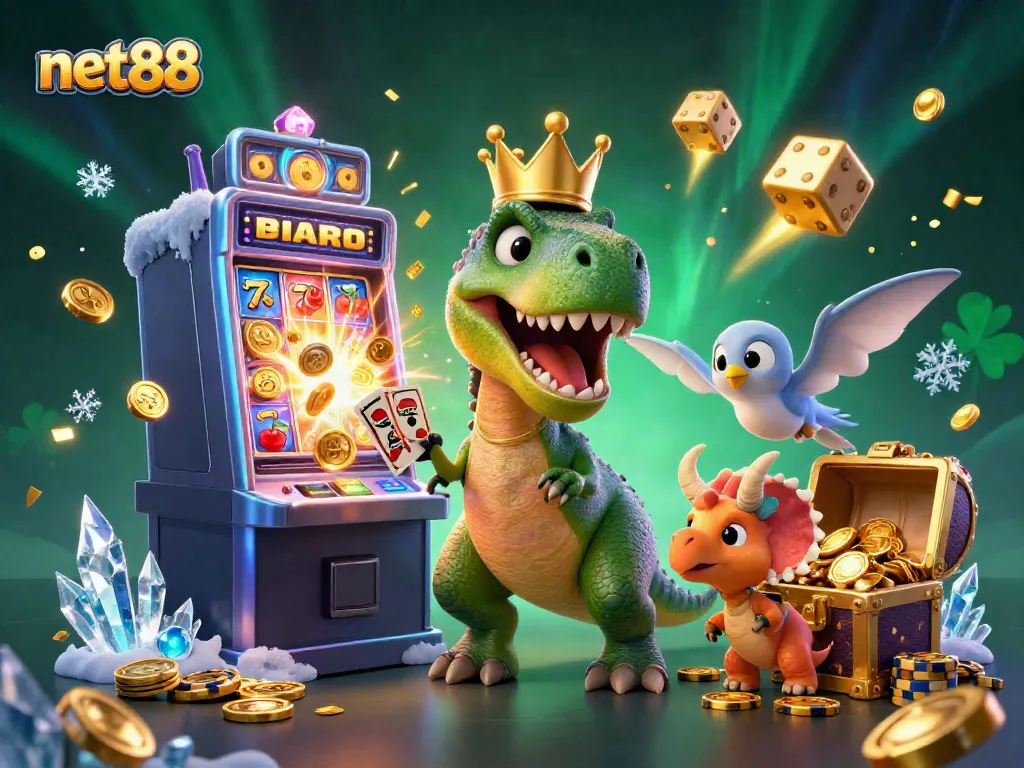 Experience excitement at net88 with friendly dino characters engaging in thrilling casino games.