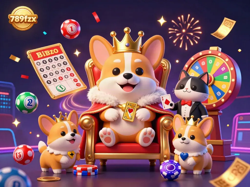 Experience the vibrant energy of 789fzx with a royal corgi on a throne of poker chips and dynamic lottery balls bouncing around.