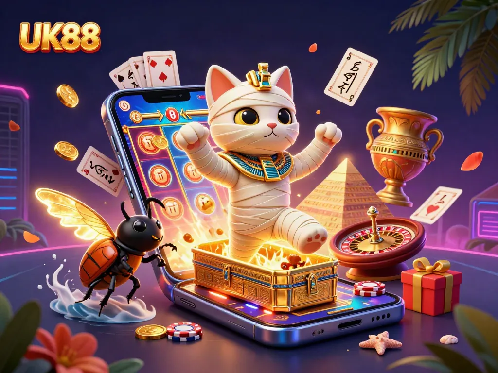 Experience UK88's immersive pyramid casino adventure with animated Egyptian characters.