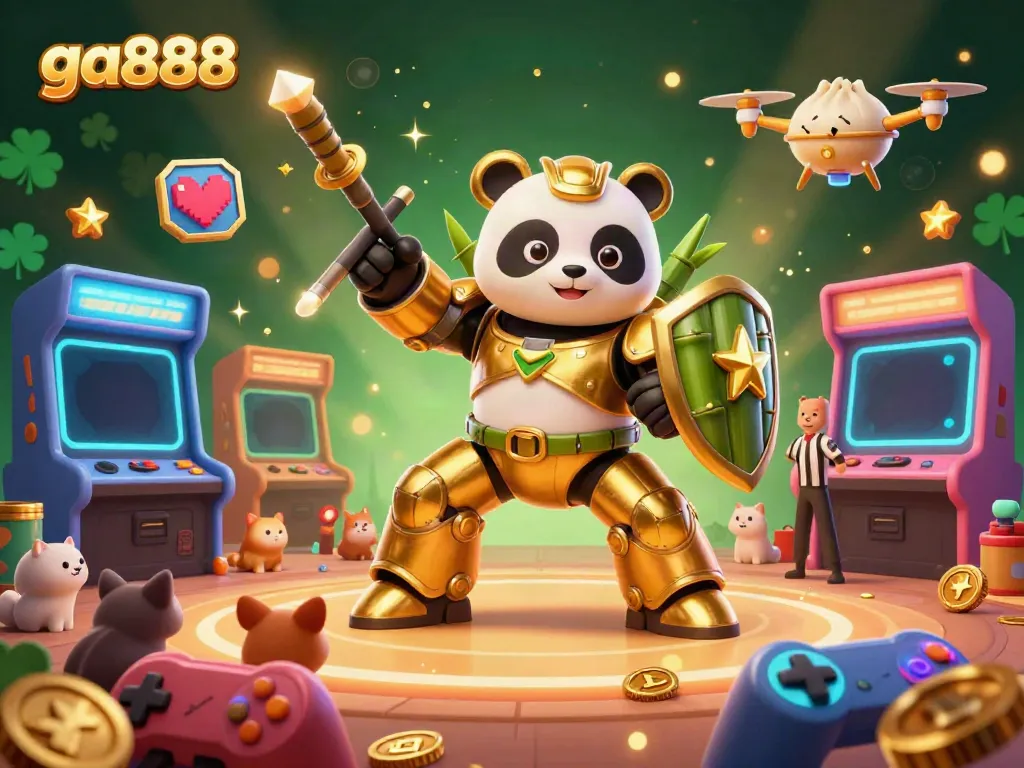 Engage in thrilling cockfighting with ga888 as a mech-suit golden panda battles in a vibrant, action-packed arena.