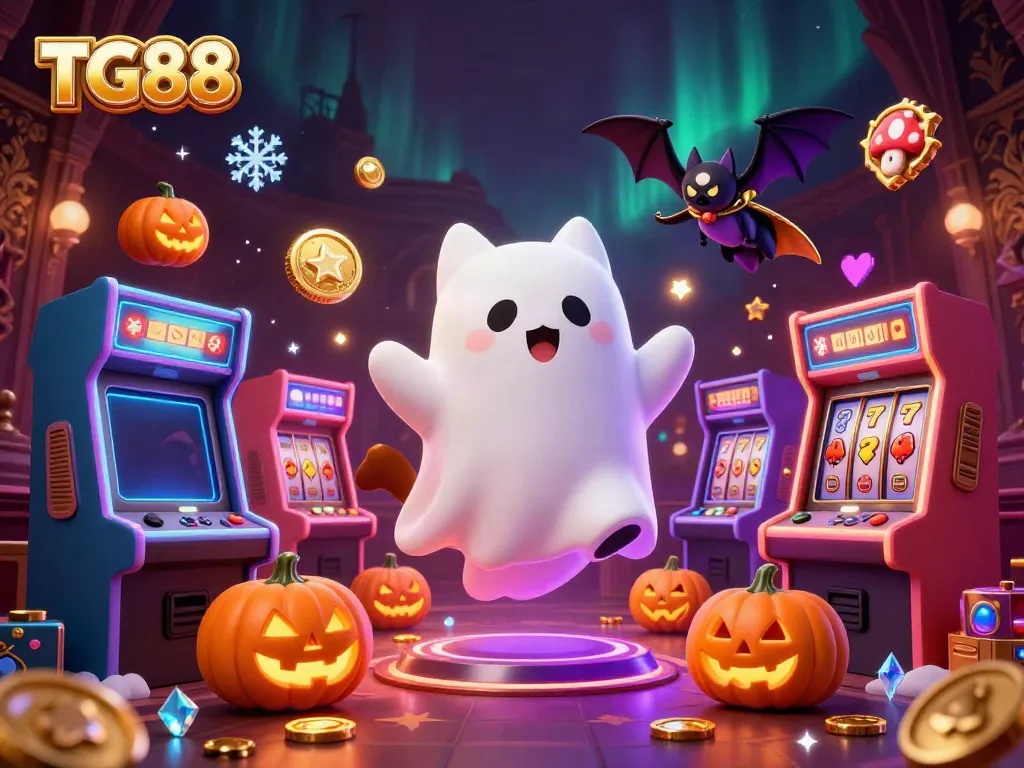 Engage in thrilling casino adventures with the TG88 ghost cat and bat in a vibrant, illuminated setting.