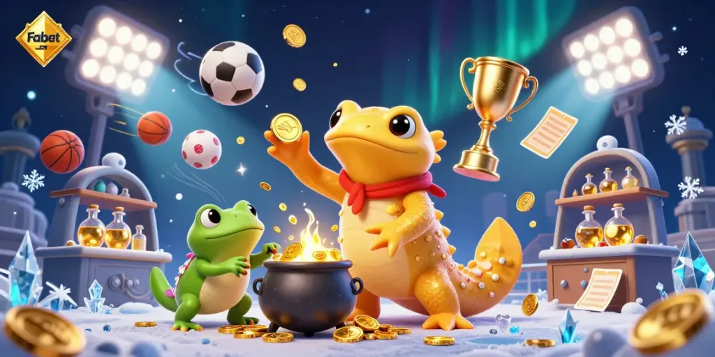 Fabet showcases vibrant sports betting chaos with golden alchemy, dynamic sports balls, and glowing awards.