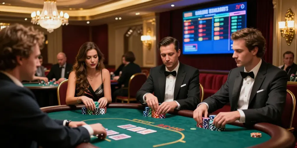 Pecah 404 scene of high-stakes poker game in an elegant casino with intense players and colorful chips.
