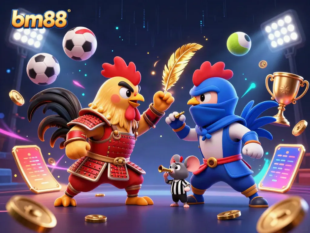 Engage in the thrilling showdown of bm88 with samurai and ninja roosters amidst dynamic gambling elements.