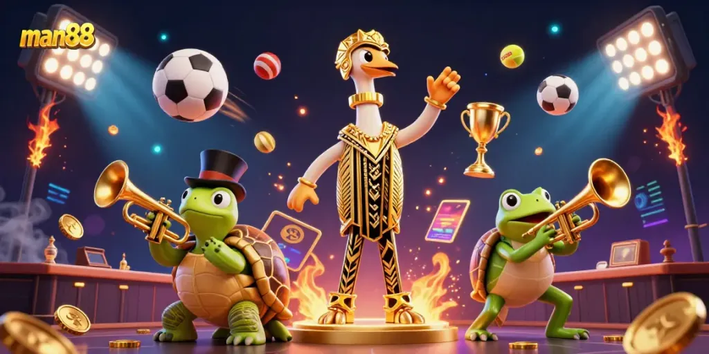 Experience the excitement of sports betting with man88 in a vibrant 3D casino scene featuring dynamic characters and elements.
