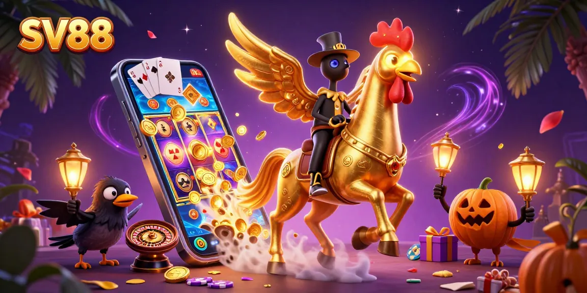 Engage with SV88's vibrant gaming scene featuring a golden rooster in a dazzling casino.