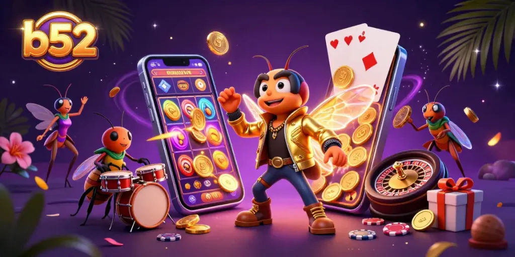 b52 players engaging with a vibrant casino-themed illustration featuring a rock star, drummer, and lively game elements.