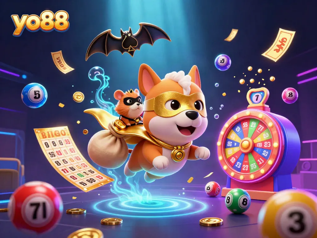 Engage with yo88's exciting games as a superhero dog and sidekick hamster fly amidst colorful casino elements.