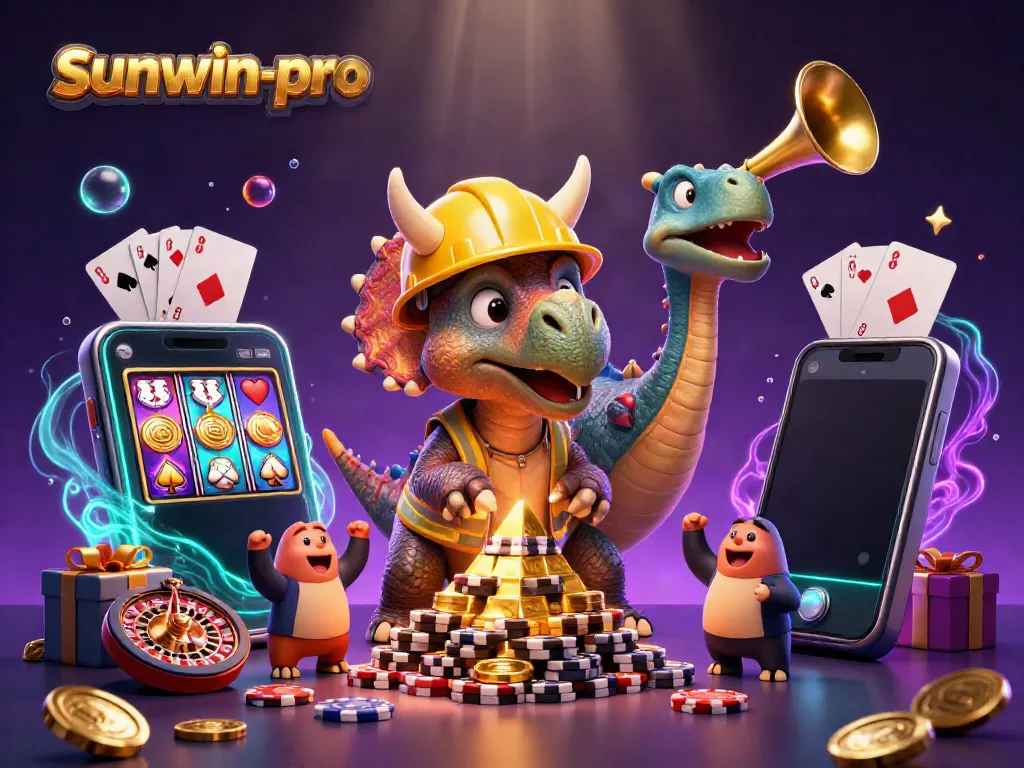 Experience the excitement of sunwin-pro as a triceratops builds poker chip towers amidst vibrant gaming elements.
