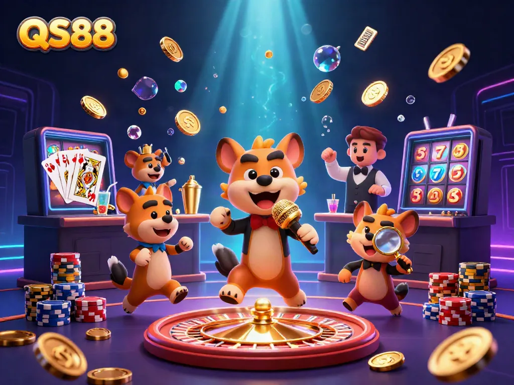 Experience the lively comedy casino club at QS88 with hyenas enjoying games, drinks, and entertainment.