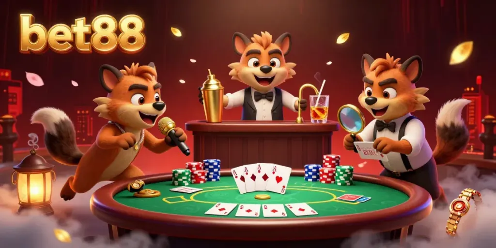 Experience laughter and excitement at bet88's vibrant comedy casino club scene featuring lively hyenas.