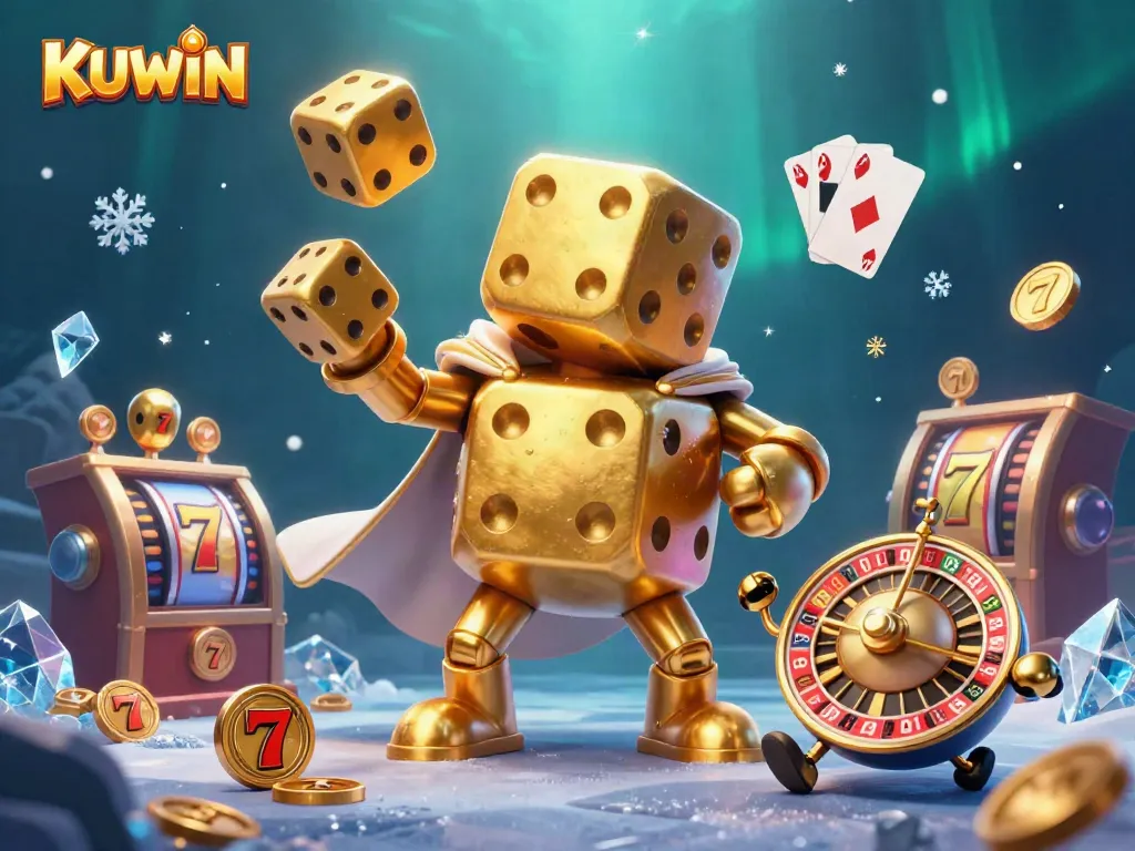 KUWIN's vibrant gaming scene features a golden dice golem and engaging slot elements.