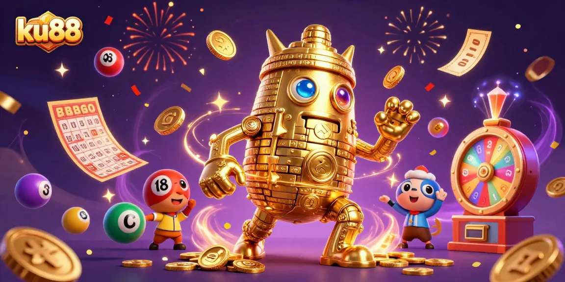 Experience ku88's thrilling casino atmosphere, featuring a golden golem and vibrant lottery elements.