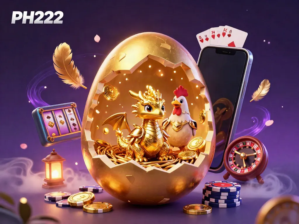 Experience thrilling wins at PH222 with a golden dragon amid vibrant gaming elements.