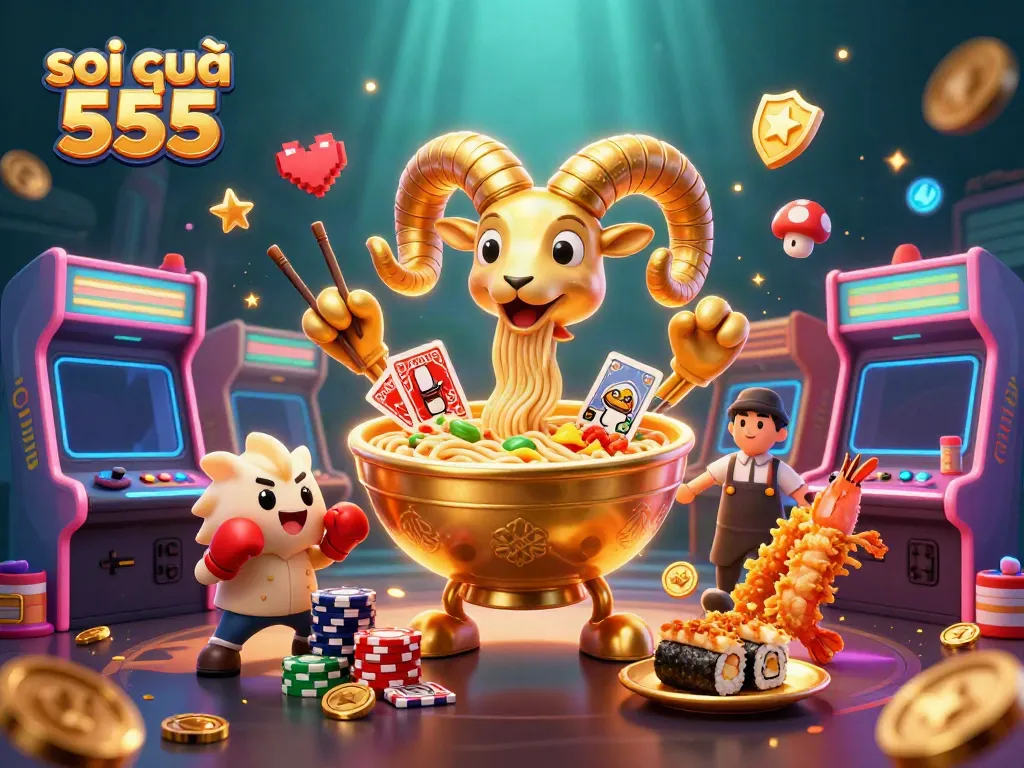 Engage with fun visuals of soi cầu 555 featuring a golden ramen bowl character and casino-themed elements.