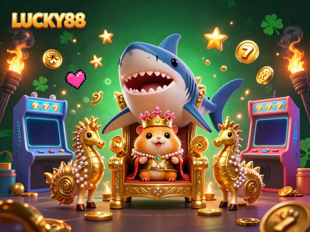 LUCKY88 features a golden hamster king on a megalodon throne amid dynamic casino elements like slot machines and golden coins.