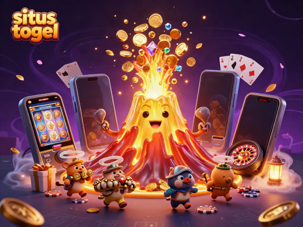 Experience the thrill of situs togel with a dynamic 3D illustration of a golden volcano erupting treasures.
