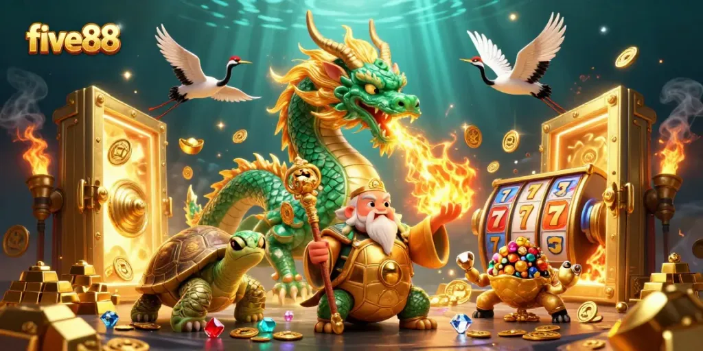 Experience thrilling gameplay at five88 with a captivating scene featuring dragons and treasure.