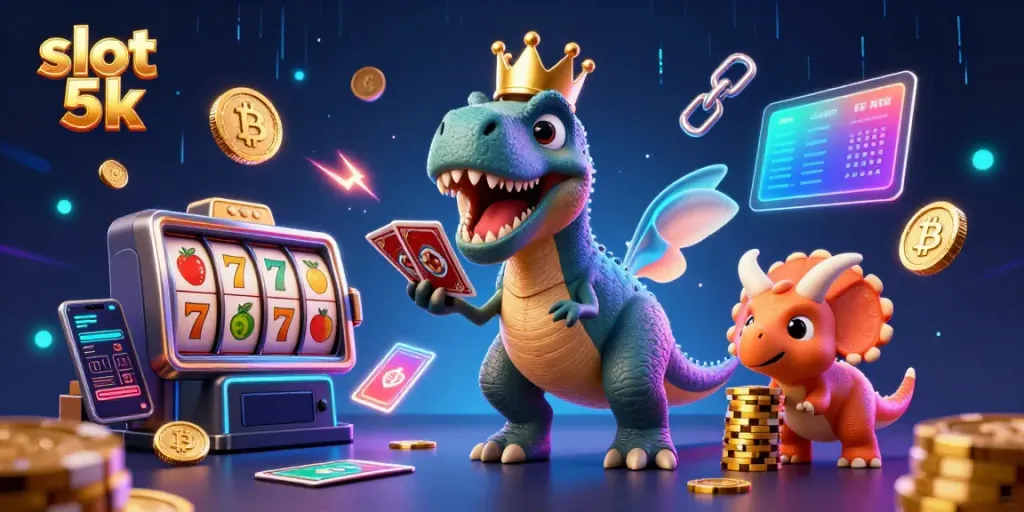 Engage with slot 5k excitement through a vibrant 3D illustration, featuring a T-Rex playing cards and friends stacking chips in a rich casino setting.