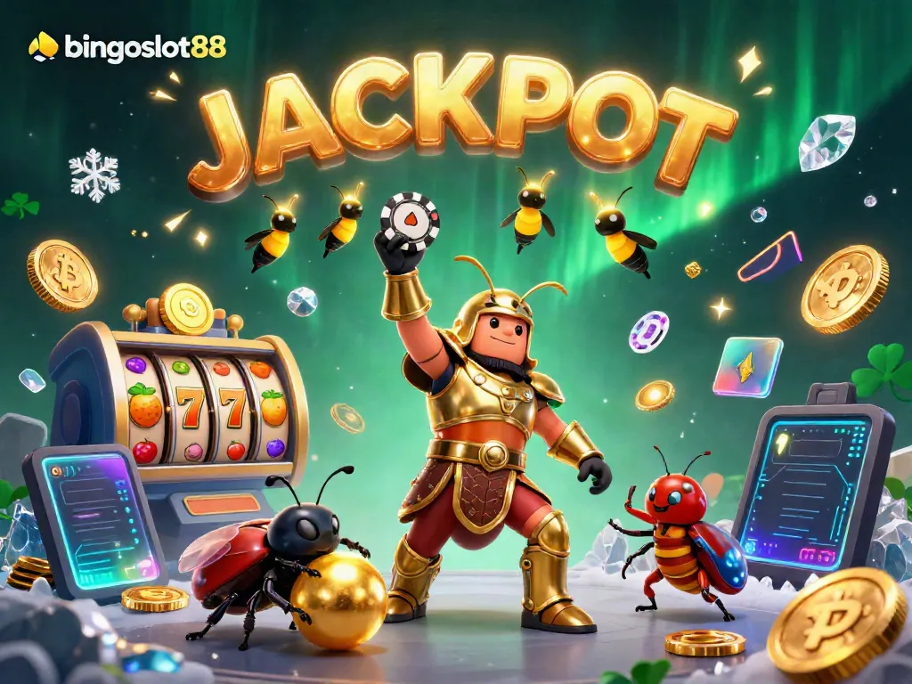 Bingoslot88 menghadirkan ilustrasi jackpot yang menarik dengan karakter unik dan elemen permainan yang memikat.