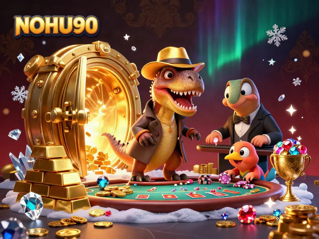 Experience thrilling gameplay at NOHU90 with a vibrant, action-packed casino scene featuring cartoon characters.