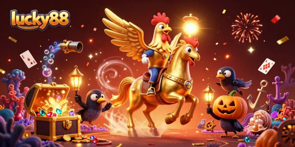 Experience the thrill of lucky88 casino with a golden rooster, gold coins, and vibrant gaming elements.