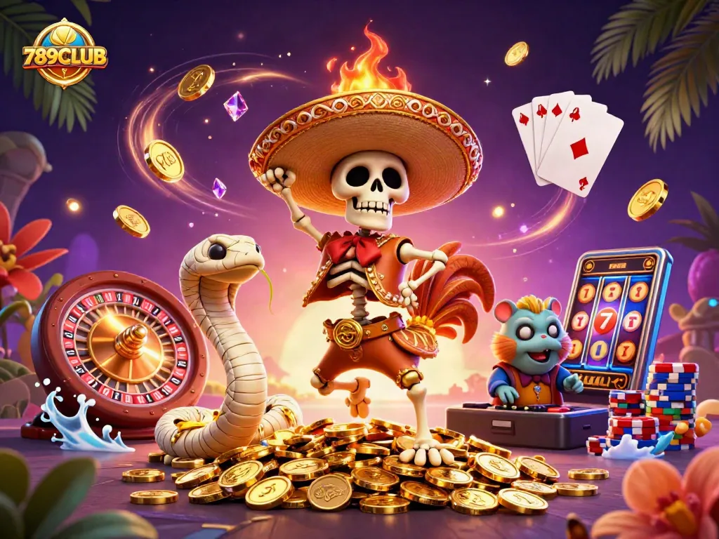Experience the thrill of 789CLUB with a colorful casino scene featuring animated characters celebrating victories.