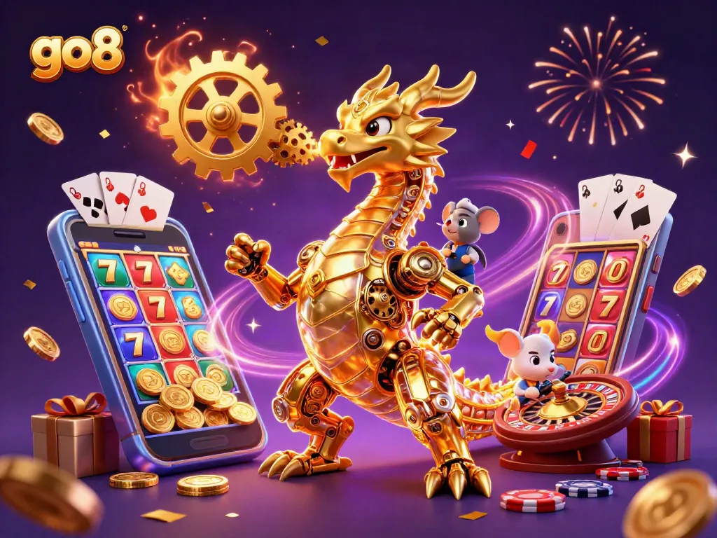 Spin the reels with the go8 golden dragon in this vibrant casino-themed illustration.