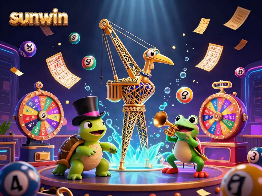 Experience the excitement of sunwin with colorful games and vibrant characters at a lively casino scene.