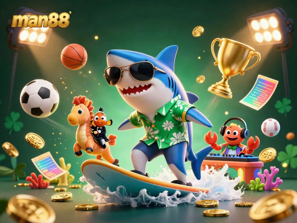 Experience the exciting man88 gaming adventure with a shark and friends amidst golden coins.